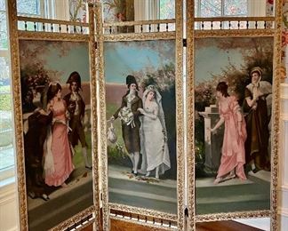 Antique French Hand Painted 3 Panel Folding Screen from the Wang Estate