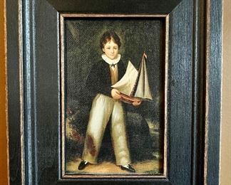"Young Boy Holding Pond Boat" Oil on Board
