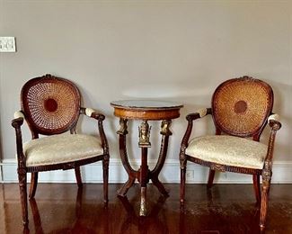 (2) Theodore Alexander Caned Armchairs & 19th Century European Table
