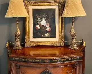Hand painted Paine Antique Piece, peacock lamps and yet another gorgeous painting!