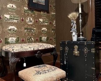 Antique Shabby Chic Ottoman and Footstool with French Burlap