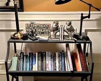 Heavy metal bookcase, lamps, books and bookends