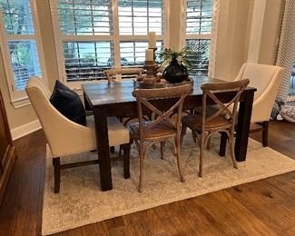 $875- POTTERY BARN TABLE TABLE 60"W X 36" X 30" HT~ $875~ OBO~ SET OF SIX ARHAUS CADENCE WOODEN CHAIRS WITH RATTAN SEATS. $525~ PAIR OF UPHOLSTERED CHAIRS