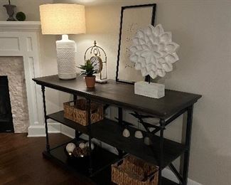 $340~ WOOD AND METAL THREE SHELF DISPLAY CABINET