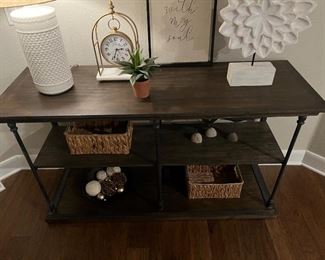 $340~ WOOD AND METAL THREE SHELF DISPLAY CABINET