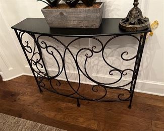 $325~ METAL SCROLL TABLE WITH COMPOSITION TOP