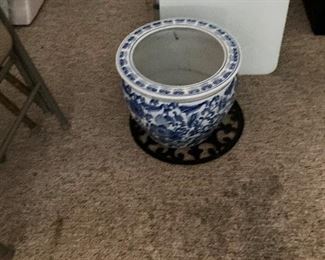 Blue and white planter one of two 