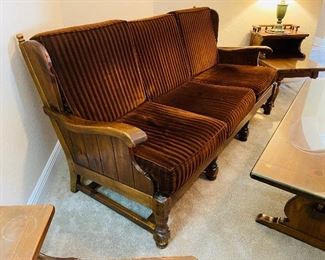 31_____$ 1195
ETHAN ALLEN 6 PIECE SUITE 
Chocolate velour wonderful
—Sofa 77Wx29Dx36H
—Oversize chair30wx32Dx41H 
—Side chair 30Wx32Dx36H
—Coffee Table 55x23x17H
— Pair of Side Tables 19Wx28Dx17H