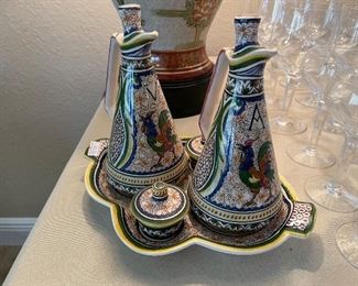 $48 - Vinegar/olive oil condiment serving set pottery 