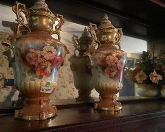 Gorgeous pair of gold Urns painted with roses $300 reduced $240