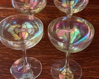 Vintage, iridescent, champagne glasses. Three sets of four.
