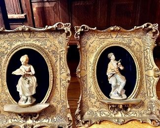 Antique three dimensional, porcelain figurines in gold gilded frame