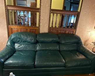 Hancock and Moore forest green leather sofa and loveseat