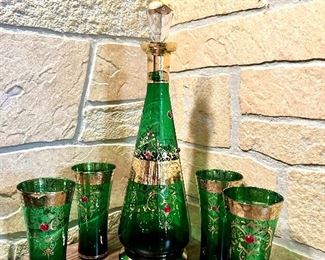 Bohemian Czech emerald green with gold trim, decanter and glasses