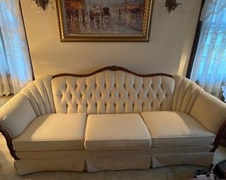 Cream color Kingsley fabric with Fruitwood sofa