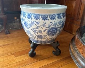 Blue and white “Forever” Chinoiserie planter with stand