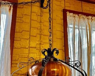 Vintage, amber glass, pendant ceiling, swag lamp plug-in no wires