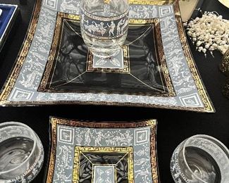 Greek motif black and blue w/gold trim glass platters