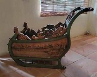 Black Forest hand carved and painted sleigh.  