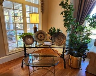 La Barge Brass and Glass Cocktail Table and Large Trestle Iron and Glass Table