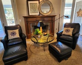 Navy Leather Chair and Ottoman (pair available)