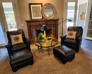 Navy Leather Chair and Ottoman (pair available)