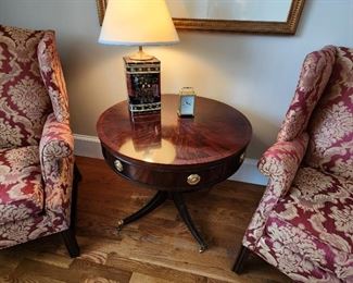 Beautiful Hickory Chair Drum Table with Brass Details