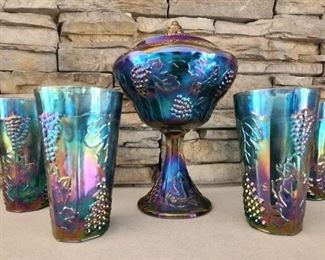 Carnival Glass Iced Tea Tumblers and Compote