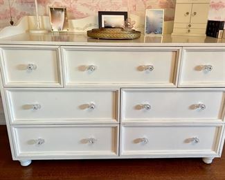 WHITE WOOD DRESSERS & TWO FULL BEDS