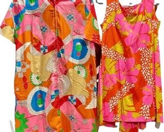1960s print zip front Jean Atkins dress/house coat and1960s Hawaiian Malihini Dress 