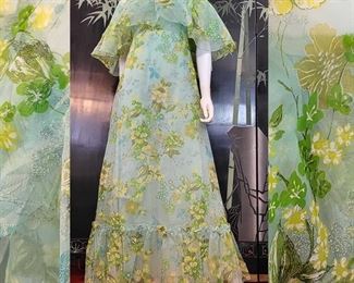 1970s Flowy Print Gown with Caplet 