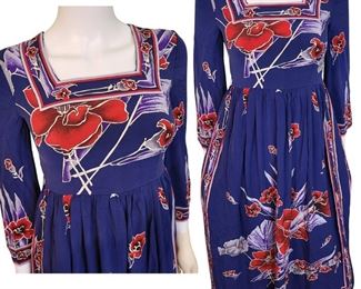 1970s Square Neck Cotton Print Dress 