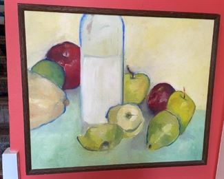 Original Still Life Oil on Canvas Pear, Apple, Bottle!