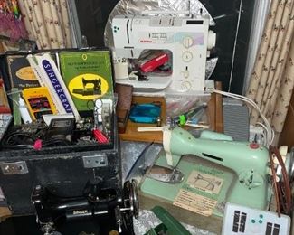 Featherweight #221 Perfect Portable Sewing Machine w/Accessories, Dressmaker E-Z Adjust Stich Selector Sewing Machine, Bernina #1011 Sewing Machine w/Accessories, Singer #16056 Button Holer w/Templates!
