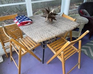 Vintage Rattan Top Table, & Wood Folding Chairs!