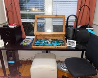 IKEA Black Desk, Rolling Office Chair & White Ottoman!