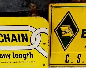 Advertising signs. Vintage "Farm Bureau Member" anfd "Hodell Chain" signs