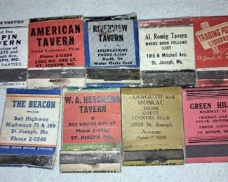 St. Joseph vintage matchbook covers." Green Hills", "The Beacon", "Brown Bear Veraguth and Moskau", "Al Romig", "Riverview Tavern", "Alpin Tavern, "American Tavern" and "Trading Post Liquors"