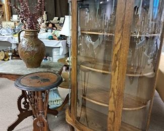 Oak curved glass front display cabinet