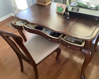 Serpentine mahogany inlaid desk & matching chair