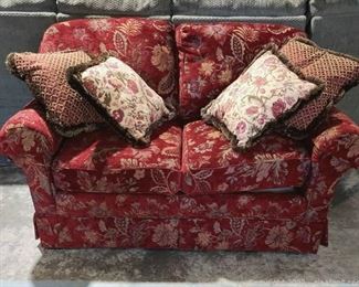 lovely Miles Talbott 2 Person Burgundy Gold Loveseat Throw Pillows Included