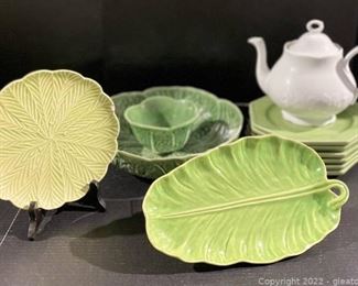 Portugal Green Porcelain Plates Platter and Dansk White Teapot