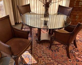 Thomasville "Ernest Hemingway" glass top rattan table w/ 4 double sided woven rattan chairs