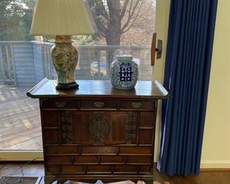 Asian cabinet w/drawers - Blue & white ginger jar - Ginger jar lamp