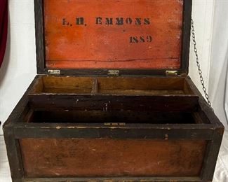 ANTIQUE TOOL CHEST IN ORIGINAL PAINT MARKED INSIDE “LR EMMONS 1889” 
