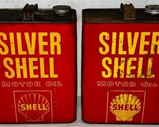 VINTAGE SILVER SHELL MOTOR OIL ADVERTISING CANS 