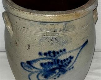 19th CENTURY BLUE DECORATED STONEWARE CROCK “FORT EDWARD NY”