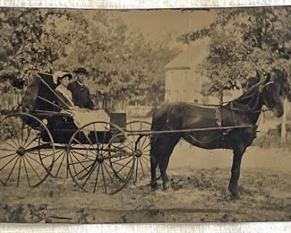 19th CENTURY TIN TYPE PHOTOGRAPH OF HORSE & BUGGY 