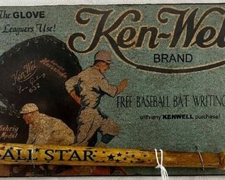 “KEN-WEL BRAND” LOU GEHRIG MODEL WOODEN PEN BAT ON ADVERTISING ‘CARD’ 