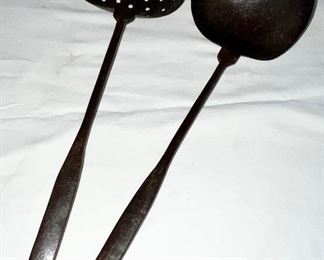 EARLY WROUGHT IRON UTENSILS - SKIMMER & DIPPER / LADLE 